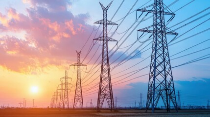 A dramatic sunset silhouette of high-voltage power lines stretching across a flat landscape, highlighting the intersection of nature and technology.