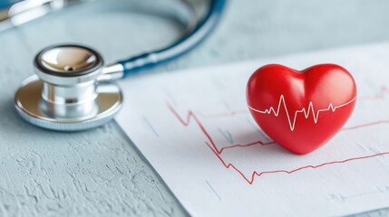 A red heart model on an ECG graph next to a stethoscope, symbolizing health and monitoring of heart conditions.
