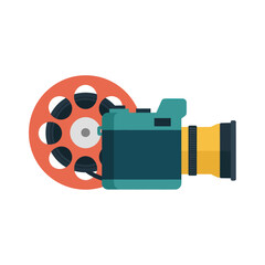 Retro movie camera with filmstrip reel vector icon.