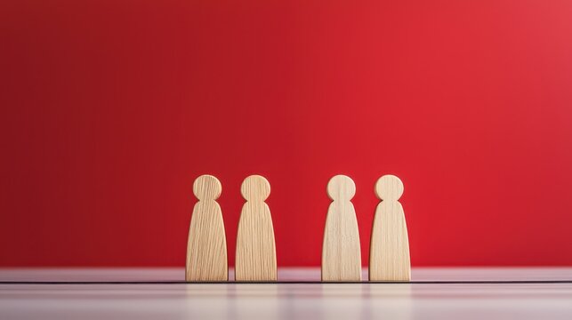 Four wooden figures stand against a vibrant red background, symbolizing community, connection, or teamwork in a minimalist design.