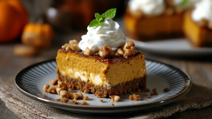 Pumpkin cheesecake with whipped topping and nut crust, rich dessert styling