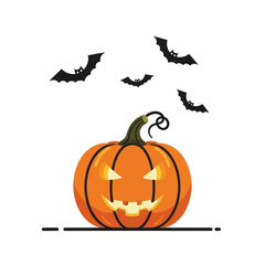 Spooky Halloween Jack O Lantern Pumpkin with Flying Bats.