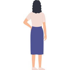 Woman Standing Facing Away From Camera with One Hand on Hip Wearing a Light Pink Short Sleeve Shirt and a Dark Blue Skirt against a White Background
