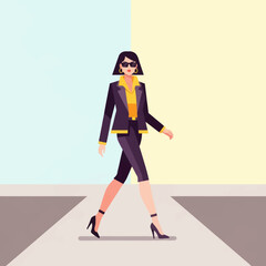 Stylish Woman in a Dark Suit and Sunglasses Walking Confidently.
