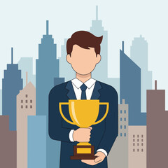 Successful Businessman Holding a Golden Trophy in the City.