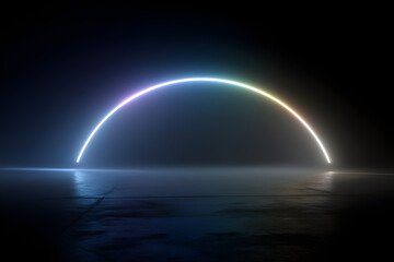 Neon Rainbow Arc Glowing in Darkened Space Colorful Light Installation Abstract Art Vibrant Illuminated Design