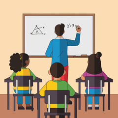 Teacher explaining a math lesson to students in a classroom.