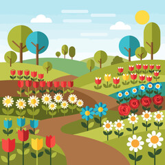 Vibrant Flower Garden Landscape with Rolling Hills and Trees.