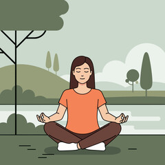 Young woman meditating in the lotus position in a peaceful park.