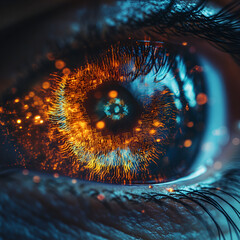 Eye with Digital Overlay, "Digital Eye with Glowing Circuitry", "Glowing Digital Eye", "Futuristic Eye Technology", "Neural Enhanced Eye", "AI-Powered Vision", "Futuristic Iris Design", "Tech-Inspired