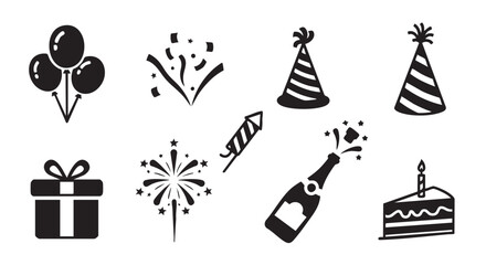 Celebration icons set featuring balloons confetti gift box and fireworks