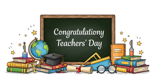 Happy Teachers' Day Still Life with School Supplies and Chalkboard