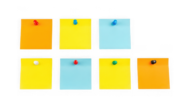Arrangement of colorful sticky notes with push pins isolated on transparent background
