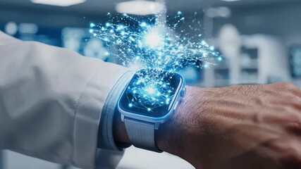 Futuristic smartwatch on wrist with digital data display and light effects, in a medical setting - Powered by Adobe