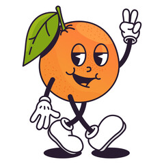 Retro Orange Character with Cartoon Style Dancing and Giving Peace Sign with Green Leaf and Orange Skin Texture