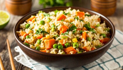 Homemade Veggie Fried Rice In A Bowl, Side View.
