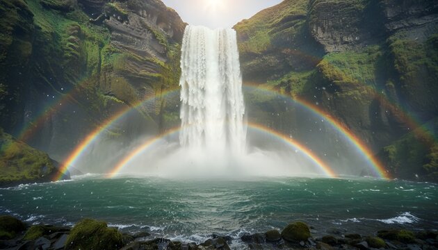 Landscapes Waterfall with Double Rainbow