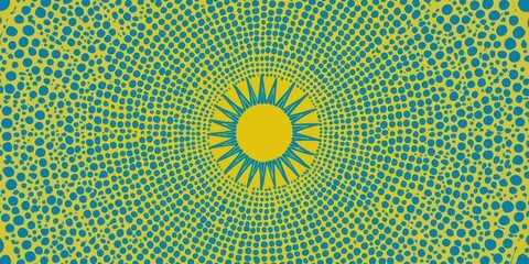 Abstract circular sunburst pattern with green and yellow tones and fractal textures