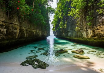 Naklejka premium A scenic view of a tropical beach with clear turquoise water flowing between rocky cliffs covered in lush green vegetation.