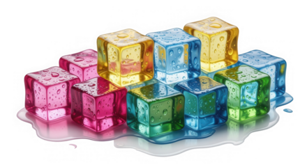 Colorful ice cubes melting and dripping cool refreshing beverage elements for summer drinks isolated on transparent background