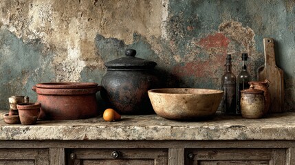 Rustic kitchen interior with textured wall, wooden details, warm tones and cozy farmhouse style emphasizing traditional design and homely atmosphere