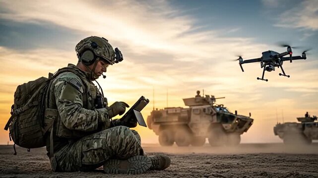 Modern warfare and technology concept, soldier operating a surveillance drone via tablet on a digital battlefield, with armored vehicles moving in the background during sunset