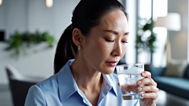 Tooth sensitivity, woman experiencing toothache and acute discomfort while drinking ice water, expressing the problem of sensitive teeth with a grimace