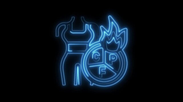 Animated neon body with macro breakdown and fire element for metabolism concept
