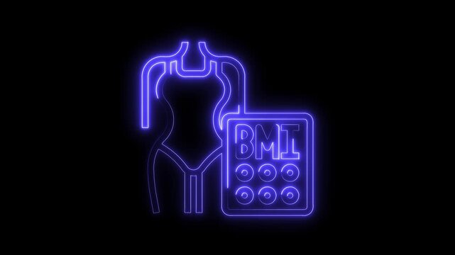 Neon glowing bmi chart and womans silhouette outline displayed on a black background