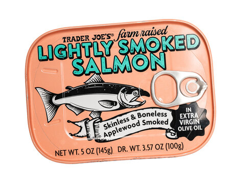 Millburn, New Jersey, USA - October 19, 2025: A can of Trader Joe's Lightly Smoked Salmon in extra virgin olive oil on a transparent background.