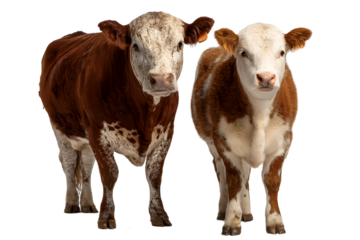 Two adorable Hereford cows looking straight at the camera create a heartwarming scene, perfect for farm-themed projects and promoting animal welfare