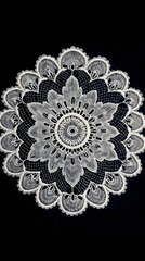 Intricate white lace doily with symmetrical detailed patterns on black background, delicate ornamental design, vintage elegant decorative textile, high detail illustration, classic intricate lace art