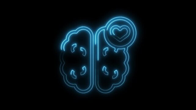 Neon brain with heart symbol represents emotional intelligence and mental wellbeing concept