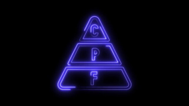 Glowing neon pyramid structure displaying c p f on black background animation