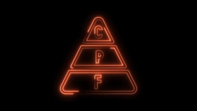 Neon glowing corporate performance framework pyramid chart diagram illustration on black background