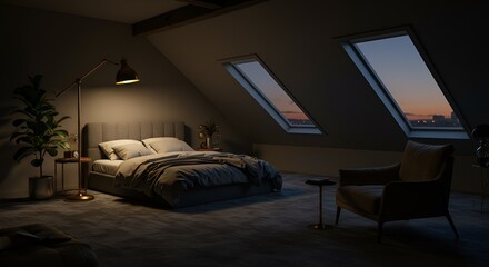 Fototapeta premium Warm light illuminates a modern bedroom in an attic apartment at nightfall hour.