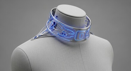 A futuristic glowing necklace with intricate circuit patterns, showcasing a blend of high fashion and advanced technology on a mannequin against gray background