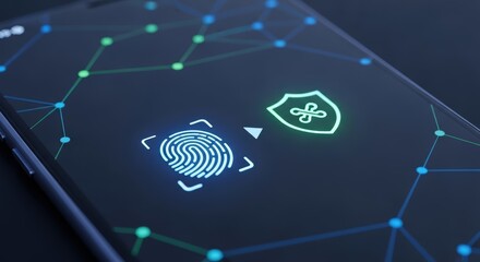 Smartphone screen displaying fingerprint scan and security shield icons, representing biometric authentication and data protection