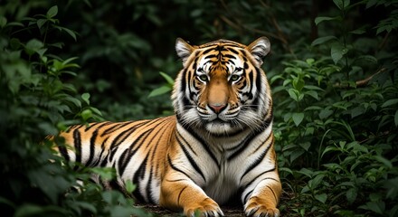 Majestic tiger resting in lush green foliage, showcasing its beauty and power in nature