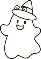 Obraz premium Black line icon of a cartoon ghost wearing a hat and bow tie and a smile on his face.