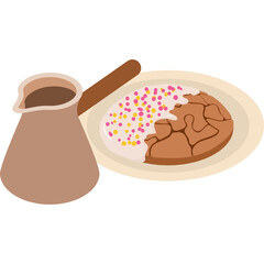 A Turkish coffee pot beside a plate of food topped with cream and colorful sprinkles in a simple isometric illustration against a transparent background