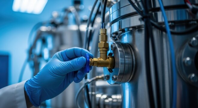 Closeup of a scientists hand in a blue glove adjusting a brass valve on a complex piece of scientific equipment in a laboratory setting
