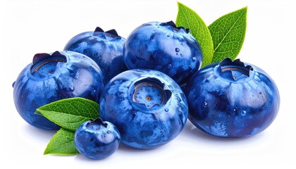 Pile of Ripe Blueberries with Green Leaves and Water Droplets on White Background