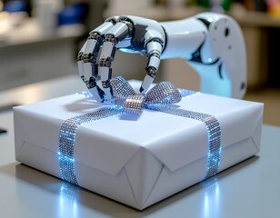 A robotic arm meticulously wrapping a Christmas gift, which has glowing data patterns on its wrapping paper