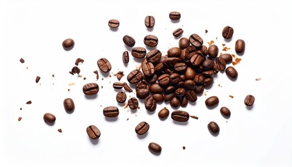 Pile of Roasted Coffee Beans Scattered on a White Background with a Few Crumbles Top View Detailed Texture of Brown Coffee Beans