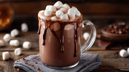 Hot chocolate clear glass mug topped with overflowing marshmallow and chocolate drizzle rustic wooden table with cozy