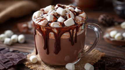 Hot chocolate in clear glass mug topped with overflowing marshmallows and chocolate drizzle creating cozy warm feeling