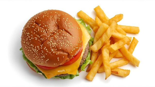 Top view of juicy gourmet burger with melted cheese, lettuce, tomato, sesame bun, crisp fries on side, on white background, high-resolution, isolated, vibrant food photography.