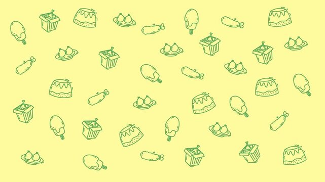 Repeating pattern of desserts and takeout food drawings. Suitable for food blog backgrounds, restaurant menus, or foodthemed digital designs.