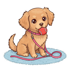 Adorable Golden Retriever Puppy with Red Ball and Pink Leash.